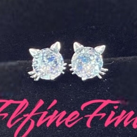 💎🐈Sterling Silver CZ Diamond Stud Cat Earrings🐈💎 - Picture 3 of 17